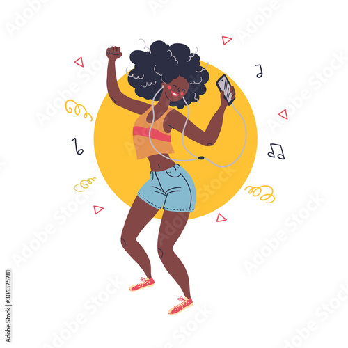 Young stylish long haired african girl listening to music in earphones dancing isolated on white background. Flat cartoon style. Vector illustration.