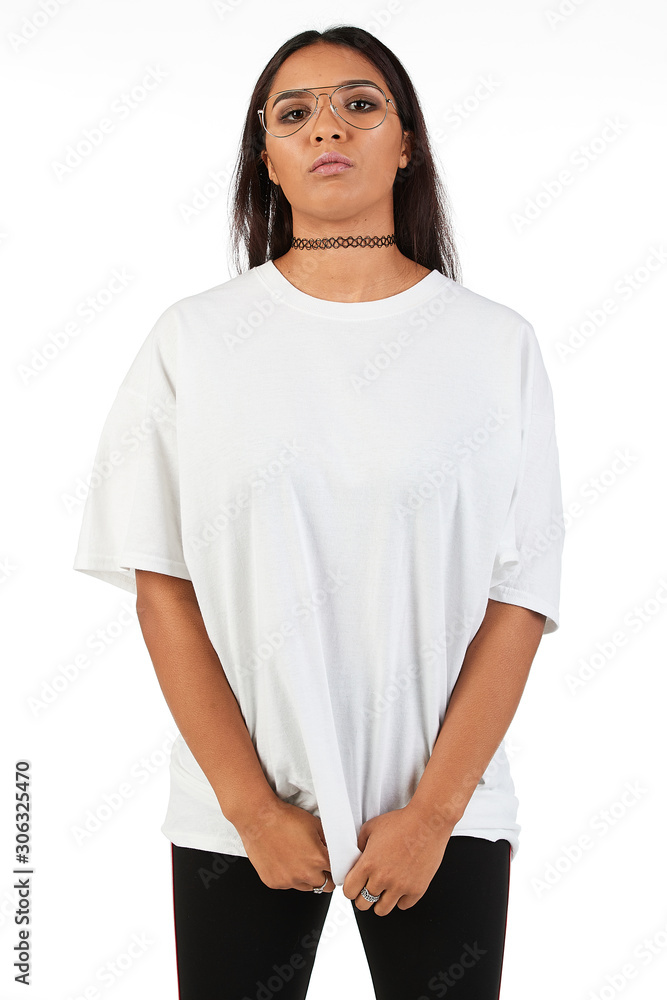 Blank t-shirt mock-up - Cool streetwear fashion girl ready for your design Blank t-shirt mock-up - Cool streetwear fashion girl ready for your design
