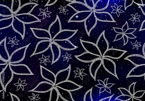 Abstract decorative vector seamless pattern with ornamental flowers on the starry sky background