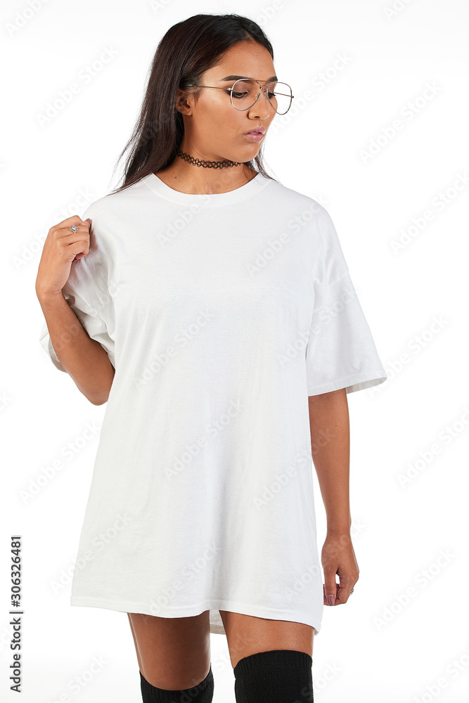 Blank t-shirt mock-up - Cool streetwear fashion girl ready for your design Blank t-shirt mock-up - Cool streetwear fashion girl ready for your design