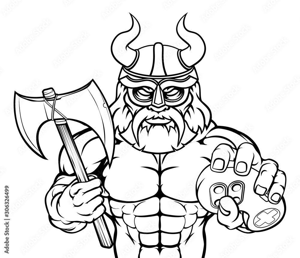 Fototapeta premium A Viking or gladiator warrior gamer mascot with video games controller