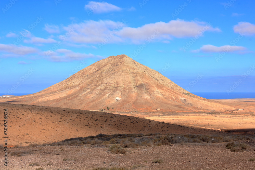 Panoramic view with vulcanic mountain Tindaya in Fuerteventura