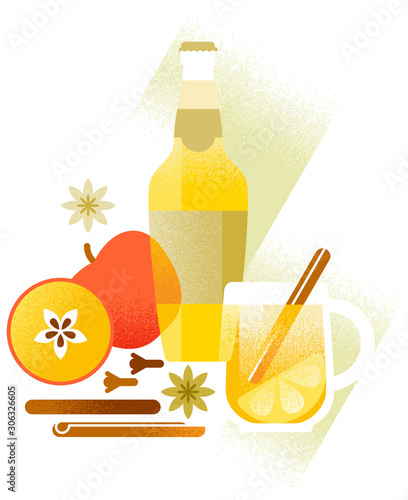 Bottle and glass of mulled cider with cinnamon, cloves, anise and apple slices. Christmas drink. Trendy flat style vector illustration. Decorative composition for winter seasonal designs