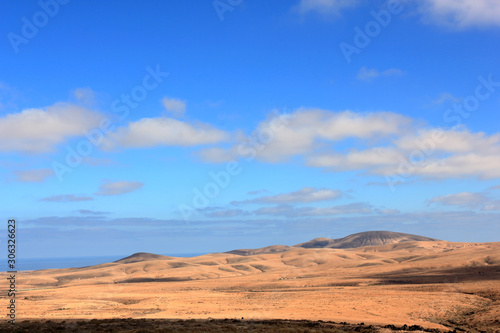 Panoramic view with vulcanic mountains in Fuerteventura