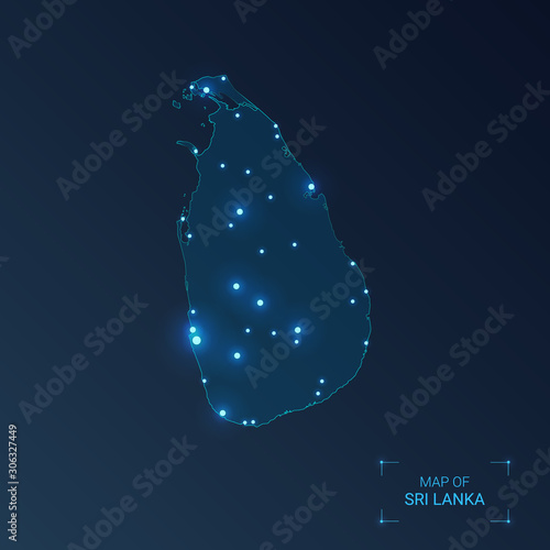 Sri Lanka map with cities. Luminous dots - neon lights on dark background. Vector illustration.