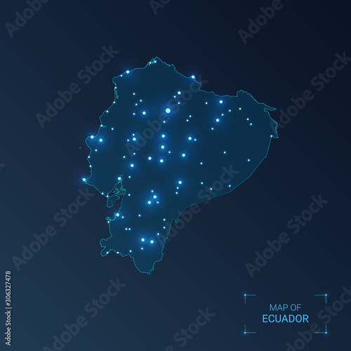 Fototapeta Naklejka Na Ścianę i Meble -  Ecuador map with cities. Luminous dots - neon lights on dark background. Vector illustration.