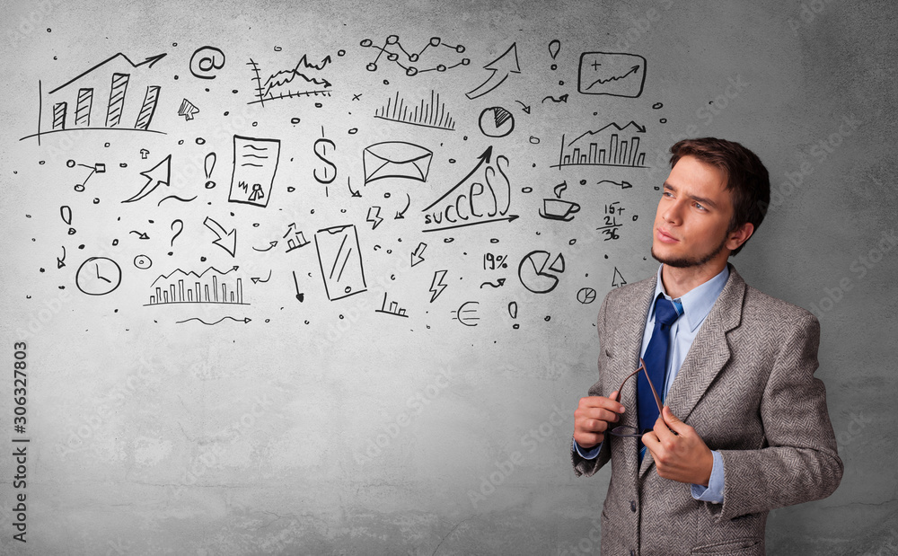 Casual person thinking with drawn signs concept Casual person thinking with drawn signs concept
