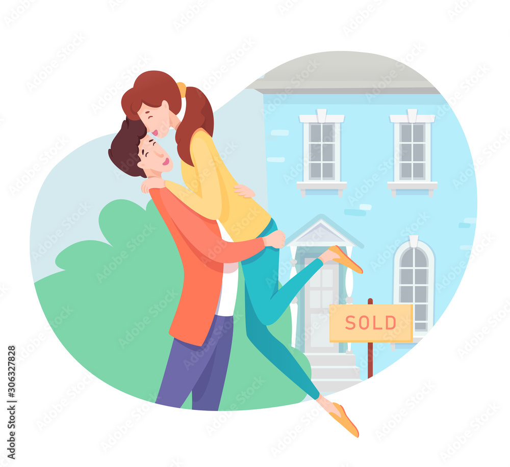 Couple in love buying house real estate cartoon Couple in love buying house real estate cartoon