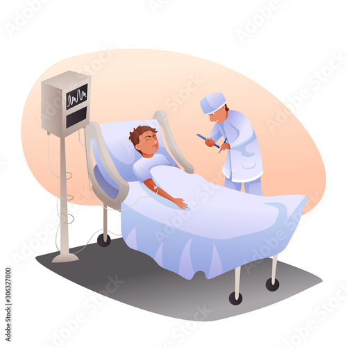 Man in coma and doctor in hospital ward cartoon