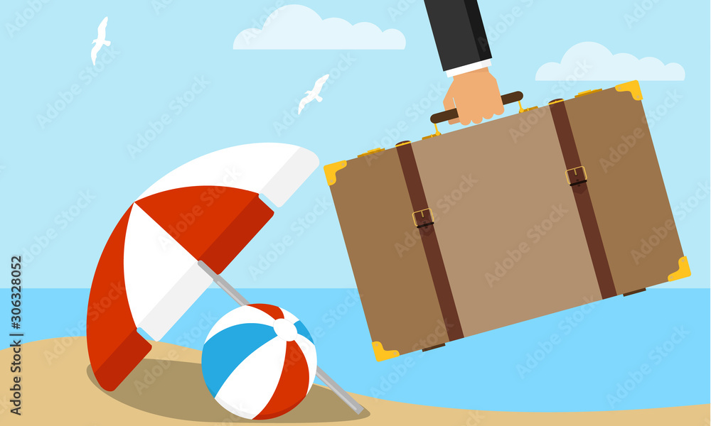 Fototapeta premium Hand holding travel suitcase. A tourist's hand holds a suitcase with things on the background of a sea landscape. Vector illustration.