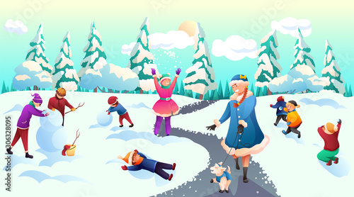 Children celebrating winter holidays on fresh air
