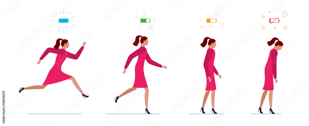 Life energy full and tired businesswoman. Powerful person with high charge and uncharged battery level indicators. Worker female. Business woman running and low power weak walking illustration