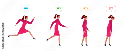 Life energy full and tired businesswoman. Powerful person with high charge and uncharged battery level indicators. Worker female. Business woman running and low power weak walking illustration