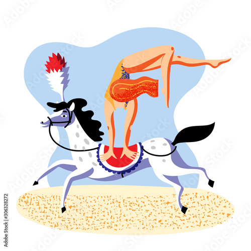 Show woman doing tricks on running horse cartoon