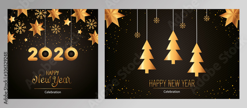 set of posters happy new year with decoration vector illustration design