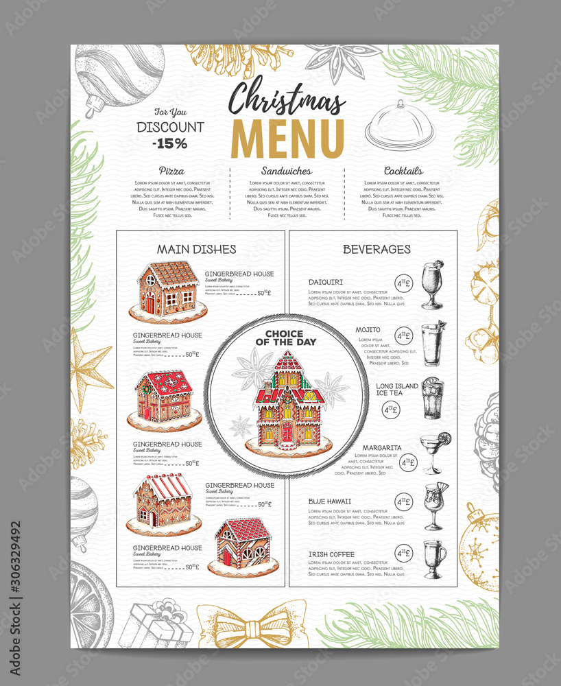Christmas menu design with sweet gingerbread house and christmas cocktails