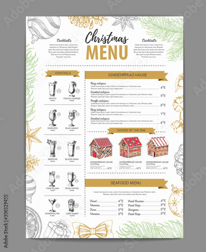 Christmas menu design with sweet gingerbread house and christmas cocktails