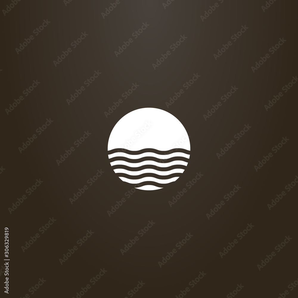 white sign on a black background. simple vector negative space round sign with wavy lines of water