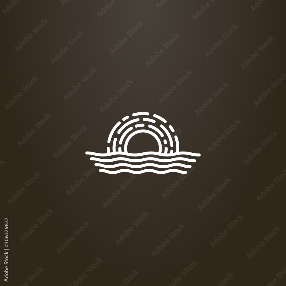 white sign on a black background. simple vector line art outline sign of sun over water waves