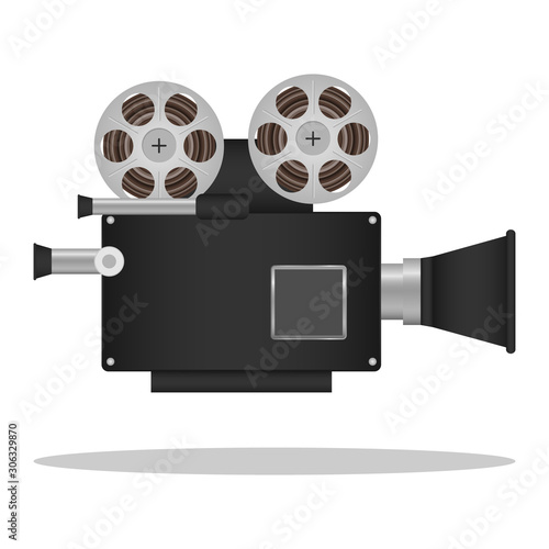 Black retro movie camera. Vintage movie camera. Cinema industry retro concept symbol.