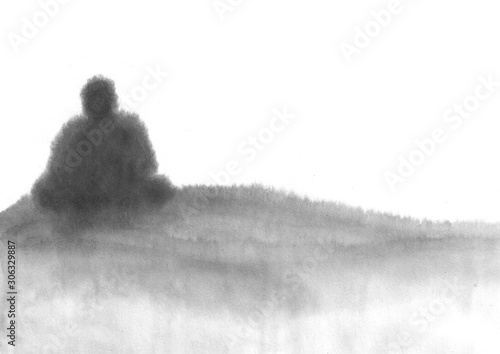 Meditator in the mountains. Man in the lotus position. Ink graphics. Chinese, japanese, oriental style. Gohua, sumi, zen, meditation, nature health. photo