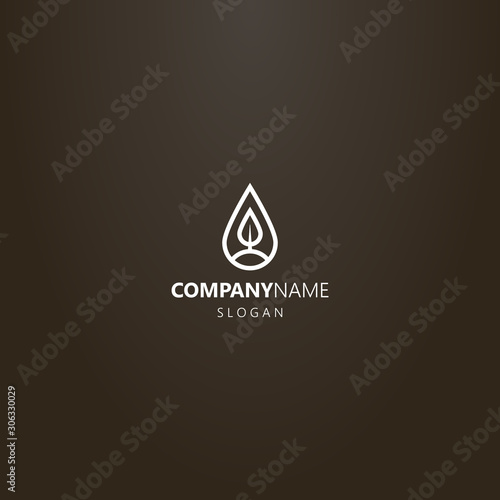 white logo on a black background. simple vector line art logo of a tree or leaf in a teardrop-shaped frame