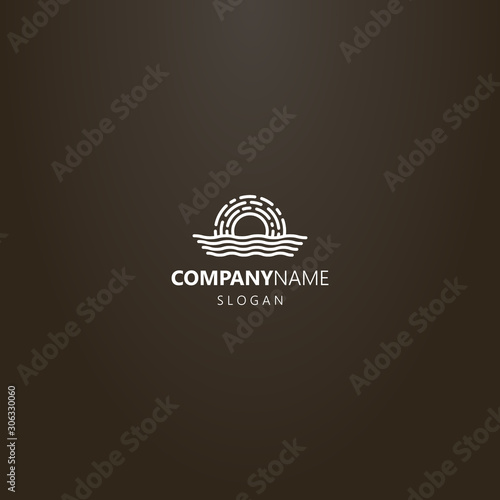 white logo on a black background. simple vector line art outline logo of sun over water waves