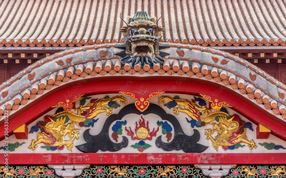 Now destroyed in a fire. Okinawa, Shuri Castle. Detail of Seiden, front facade. UNESCO World Heritage Site. . Naha, Japan. 