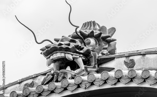 Now destroyed in a fire. Okinawa, Shuri Castle. Detail of Seiden, front roof Dragon. UNESCO World Heritage Site. . Naha, Japan. 