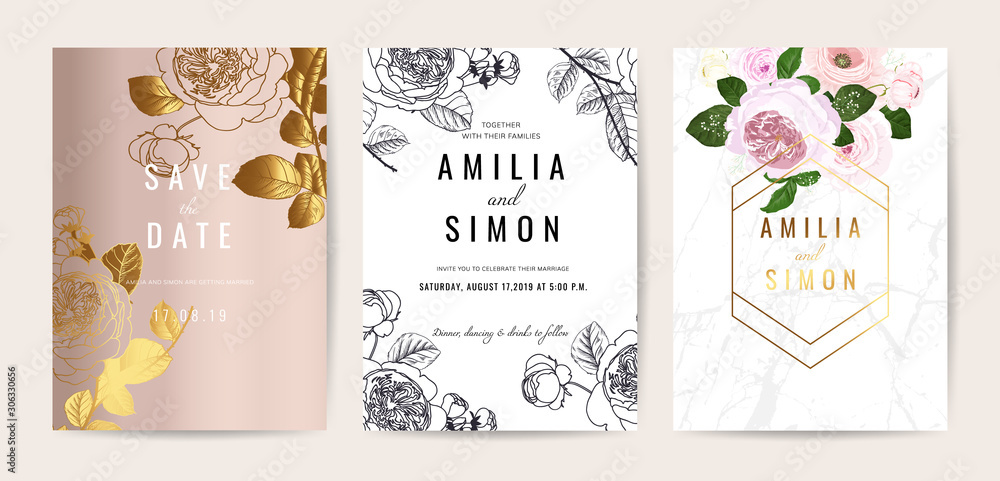 Luxury Wedding invitation cards with english rose and marble collection. design for cover, menu, RSVP and save the date cars vector template.