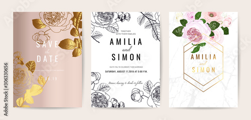 Luxury Wedding invitation cards with english rose and marble collection. design for cover, menu, RSVP and save the date cars vector template. © TWINS DESIGN STUDIO