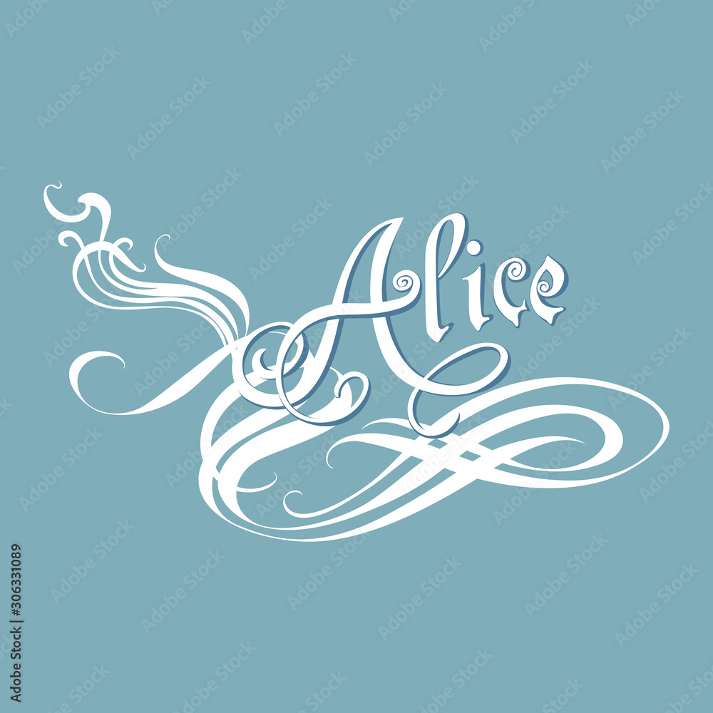 Alice name in the style calligraphy, girls woman forename on blue background. Decorative lettering Alice name in the style calligraphy, girls woman forename on blue background. Decorative lettering