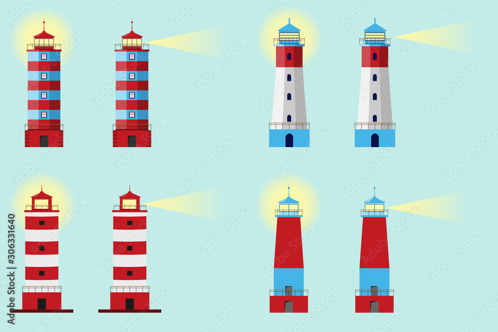 Lighthouse, Set of lighthouses, path lighting. Big set flat lighthouses isolated. Vector