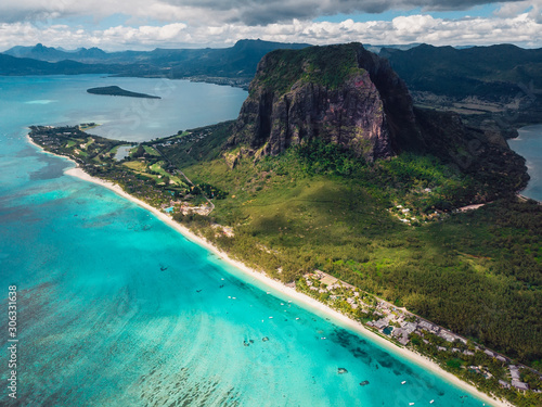 Aerial view of Mauritius island panorama and Le Morne Brabant mountain and lagoon