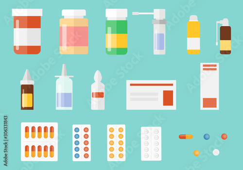Medicines A set of medical drugs. Vector illustration of medicines.