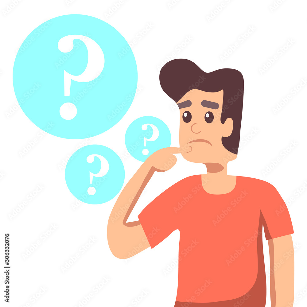 A man stands and thinks. Thinking man with a question mark and a finger at the chin. Cartoon illustration of a man. A man stands and thinks. Thinking man with a question mark and a finger at the chin. Cartoon illustration of a man.