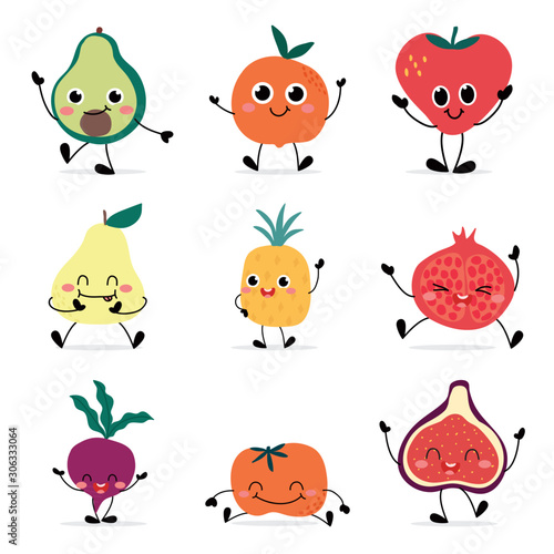 cute Fruit cartoon character design. Hand drawn kawaii fruit with eye, hand and leg, watermelon, dragon fruit, avocado, pair, berry, orange, lime and various fruit vector.