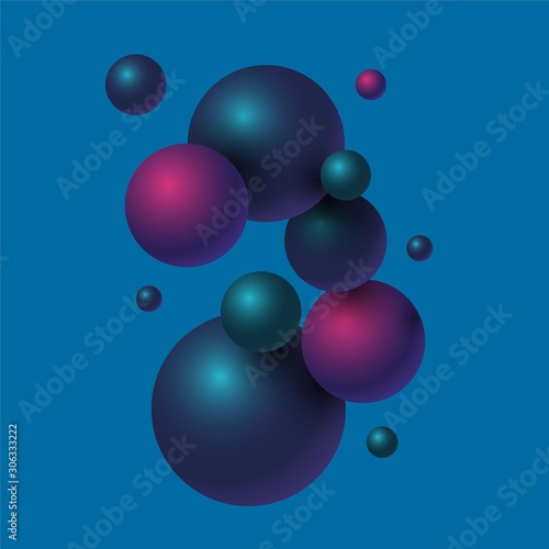 Abstract composition with dark 3d spheres. Soft glossy bubbles. Trendy banner or poster design. 