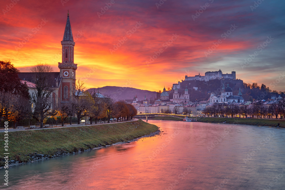 Salzburg, Austria. Cityscape image of the Salzburg, Austria with Salzburg Cathedral during beautiful autumn sunrise.