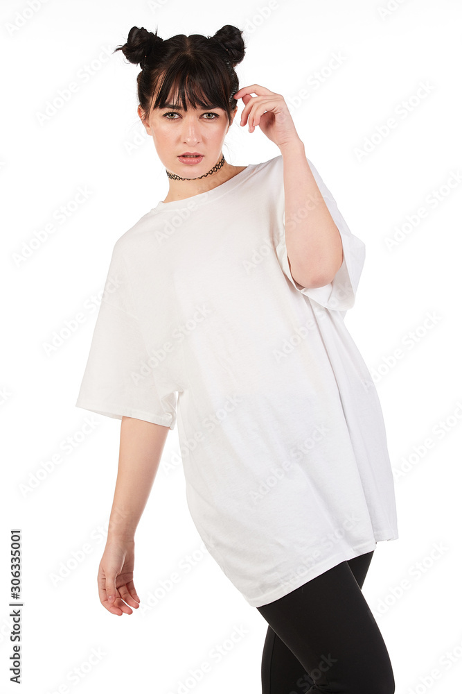 Blank t-shirt mock-up - Cool streetwear fashion girl ready for your design Blank t-shirt mock-up - Cool streetwear fashion girl ready for your design