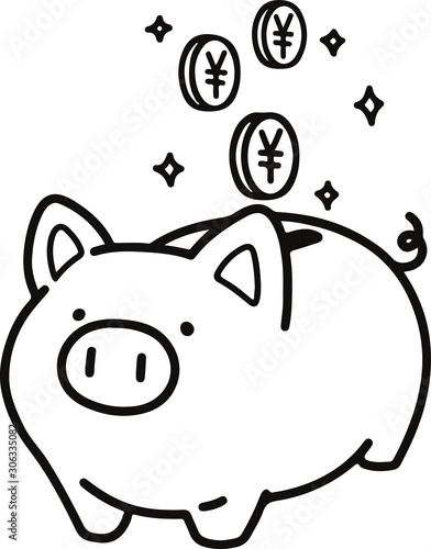 Black lined piggybank with yen coins