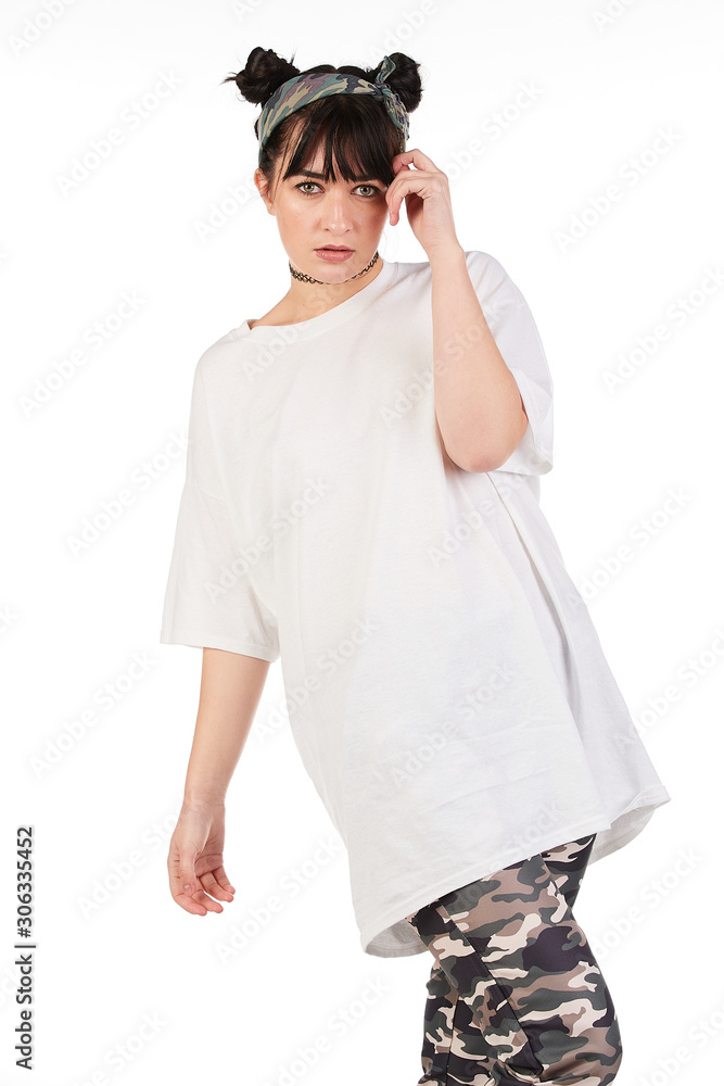 Blank t-shirt mock-up - Cool streetwear fashion girl ready for your design Blank t-shirt mock-up - Cool streetwear fashion girl ready for your design