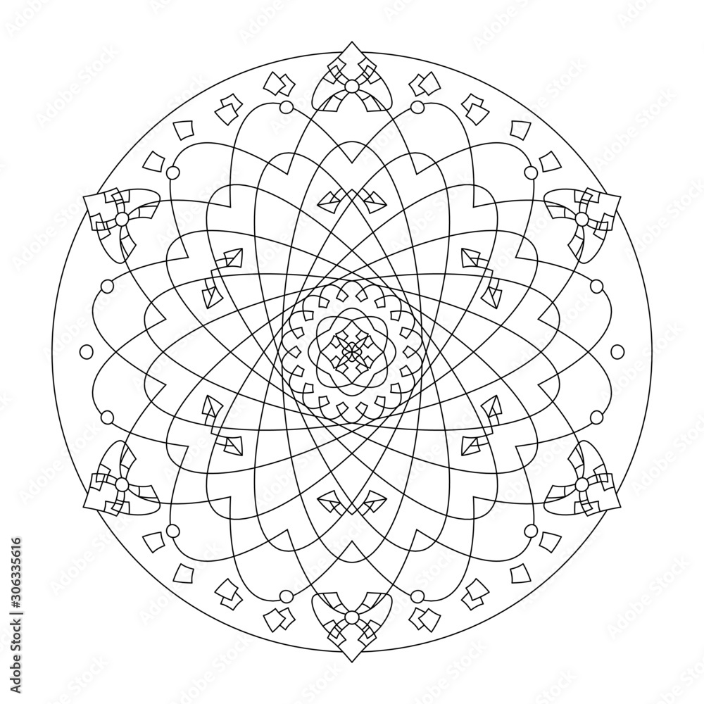 Mandala. Rosace pattern. Coloring page, illustration vector black and white. Art Therapy. Anti-stress coloring page. Decorative element