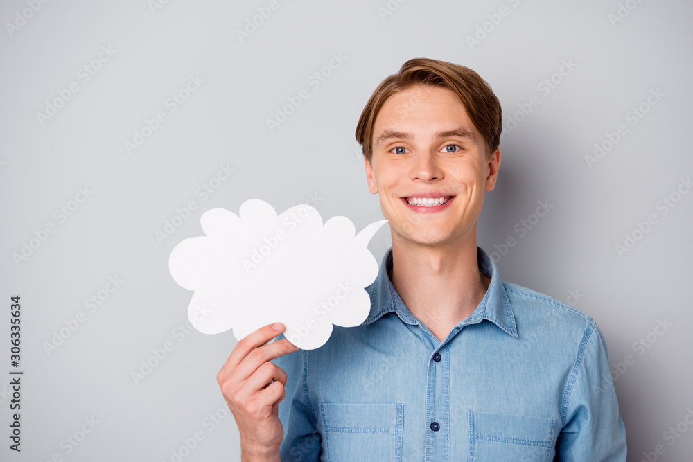Portrait of confident cool positive girl hold white paper card bubble share his point of view wear good looking outfit isolated over grey color background Portrait of confident cool positive girl hold white paper card bubble share his point of view wear good looking outfit isolated over grey color background