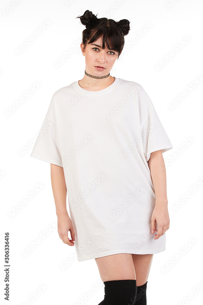 Blank t-shirt mock-up - Cool streetwear fashion girl ready for your design Blank t-shirt mock-up - Cool streetwear fashion girl ready for your design