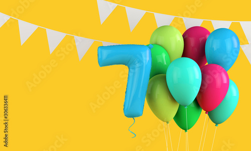Tableau sur toile Happy 7th birthday colorful party balloons and bunting. 3D Render