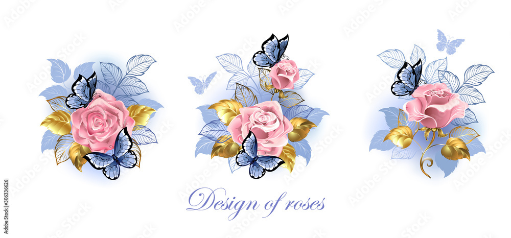 Set of pink roses with butterflies