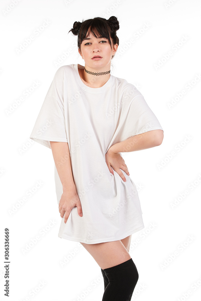 Blank t-shirt mock-up - Cool streetwear fashion girl ready for your design Blank t-shirt mock-up - Cool streetwear fashion girl ready for your design