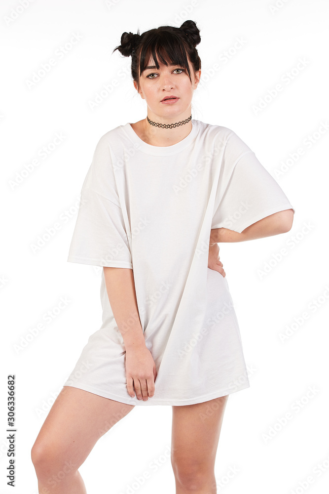 Blank t-shirt mock-up - Cool streetwear fashion girl ready for your design Blank t-shirt mock-up - Cool streetwear fashion girl ready for your design