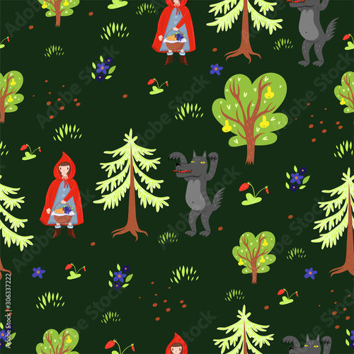 Fototapeta Naklejka Na Ścianę i Meble -  Little Red Riding Hood seamless pattern. Vector graphics.